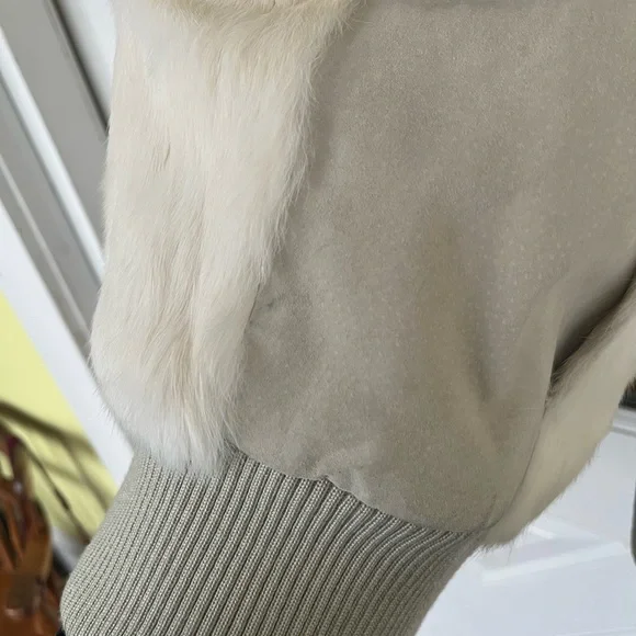 Mixit Vintage sz L cream/ taupe Y2K Real Rabbit Fur & Leather Bomber Jacket - Picture 13 of 15